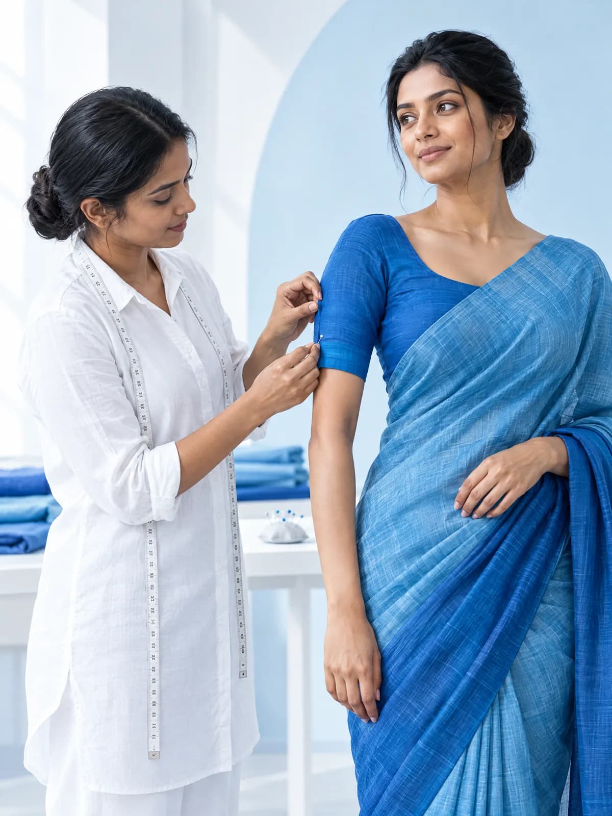 A tailor adjusting a blouse sleeve on a client