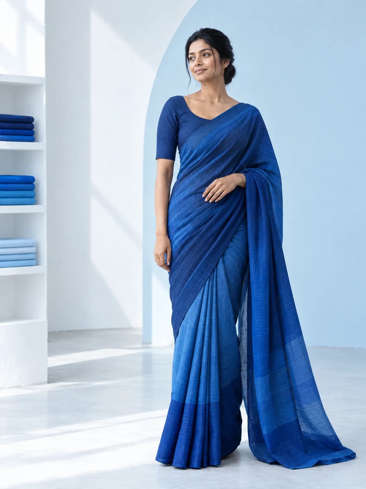 A woman in a navy handloom saree in the workshop