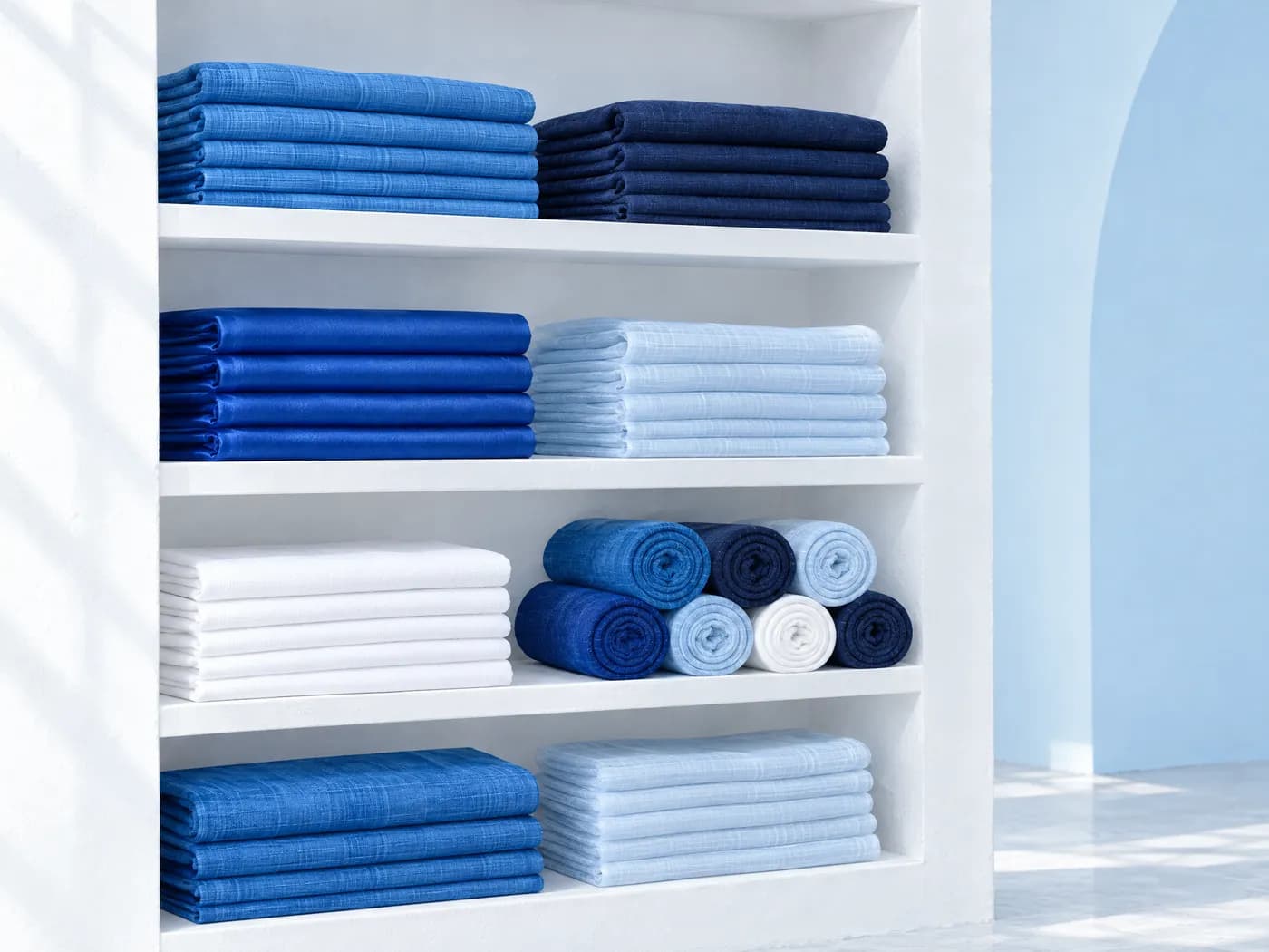 Shelves of folded linen, cotton and handloom