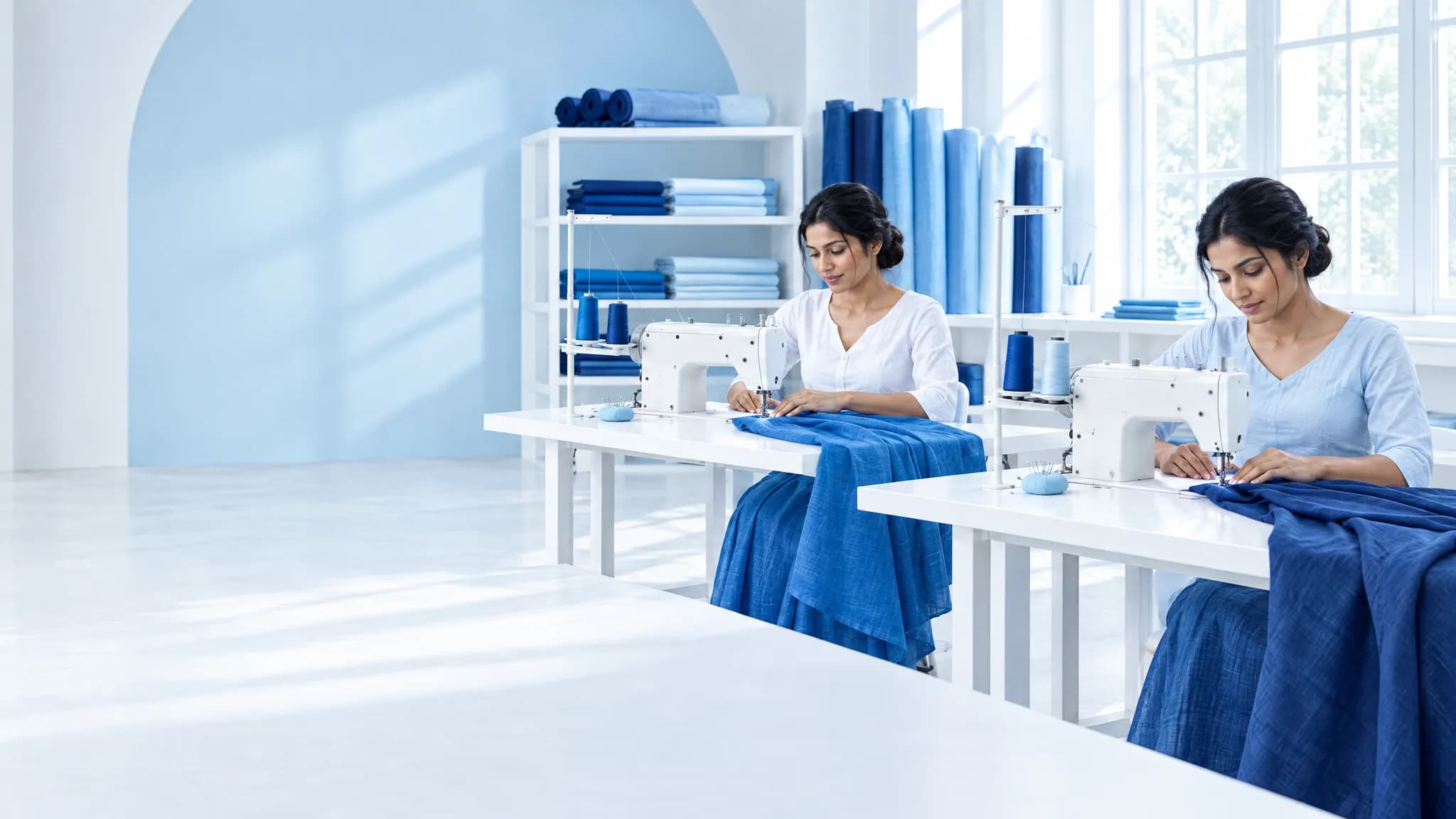 A tailor at a sewing machine in a bright white atelier with shelves of blue fabric