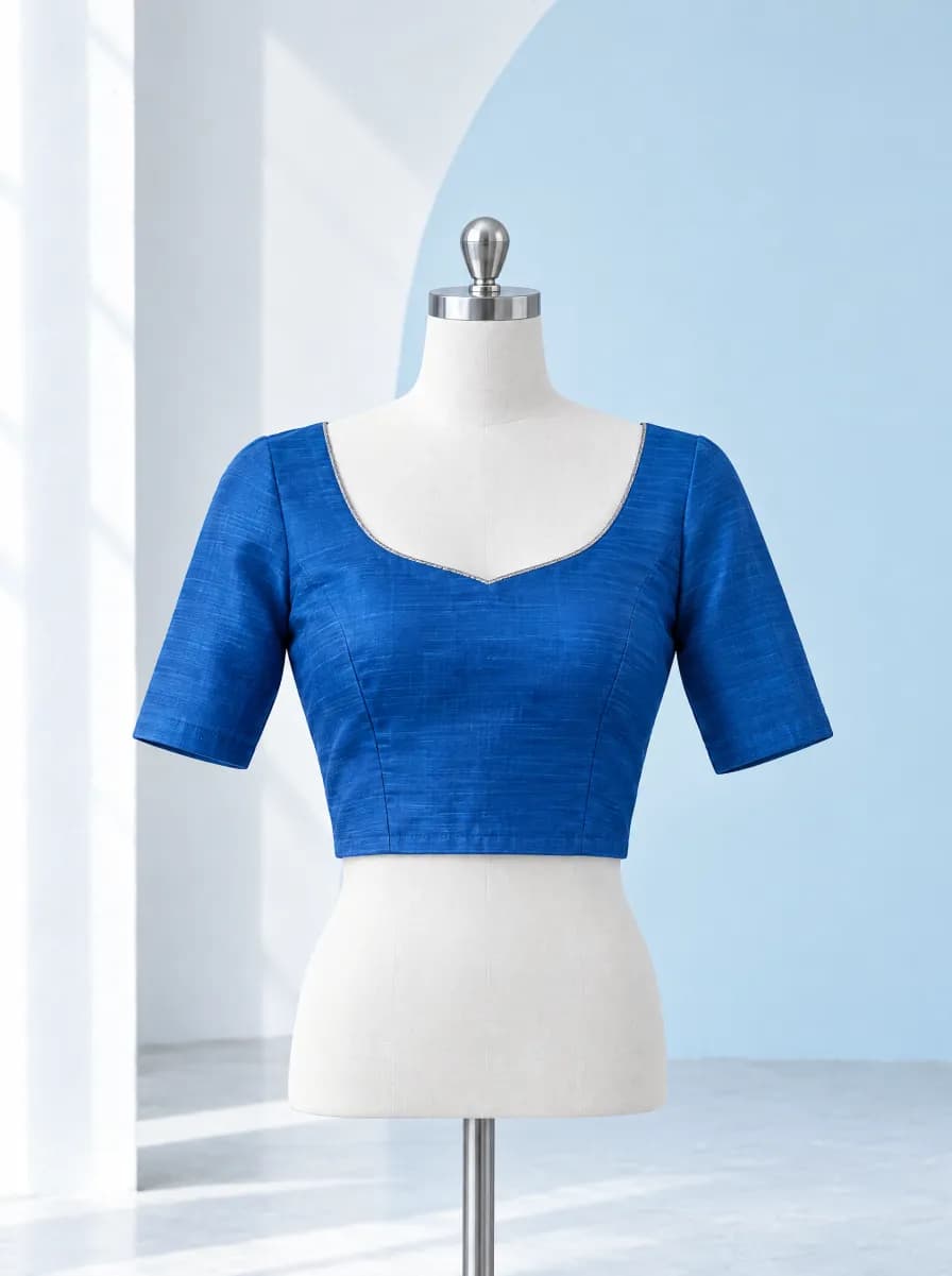 A tailored cobalt silk saree blouse on a dress form
