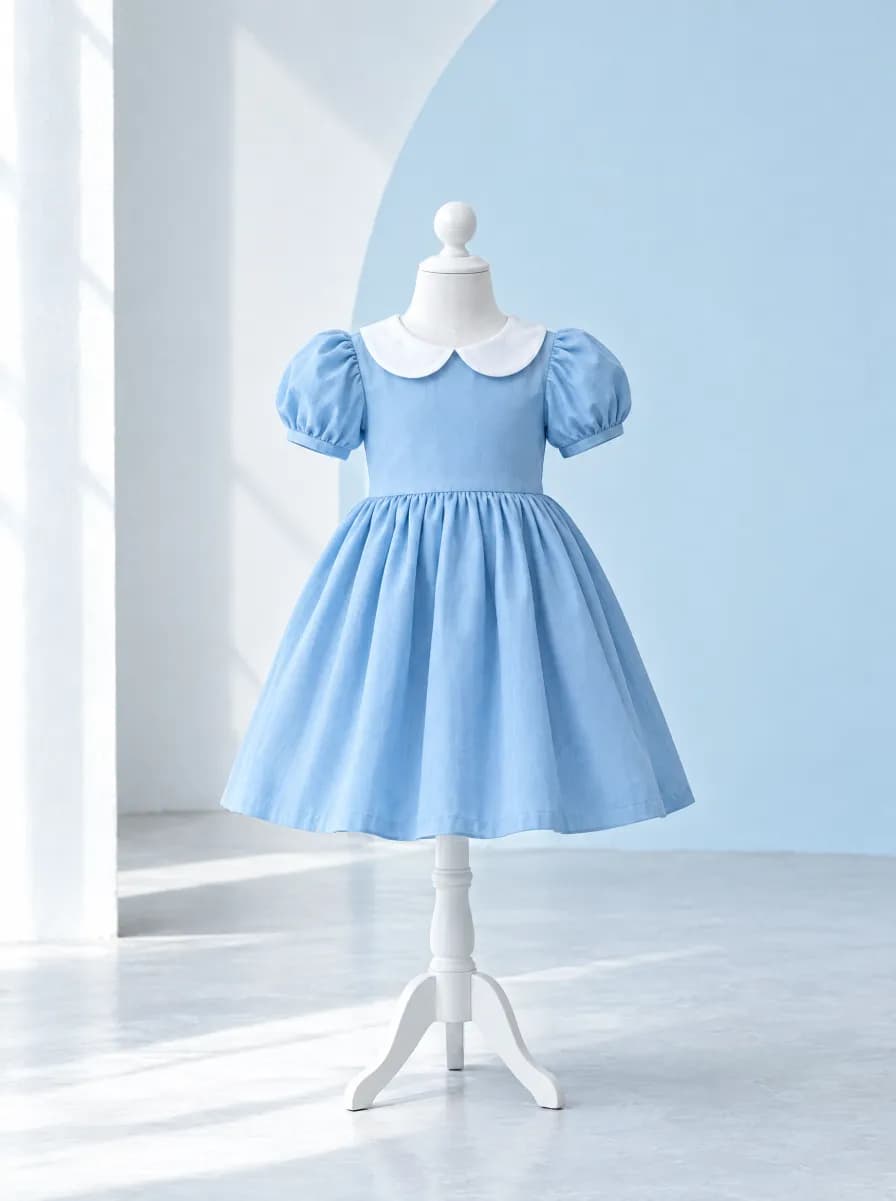 A powder-blue child's party frock with a white collar
