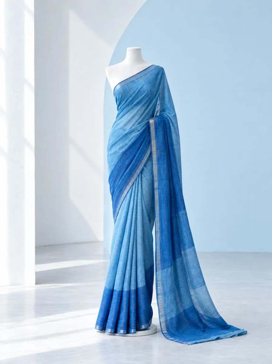 A cerulean and ice-blue handloom saree with a fine silver border
