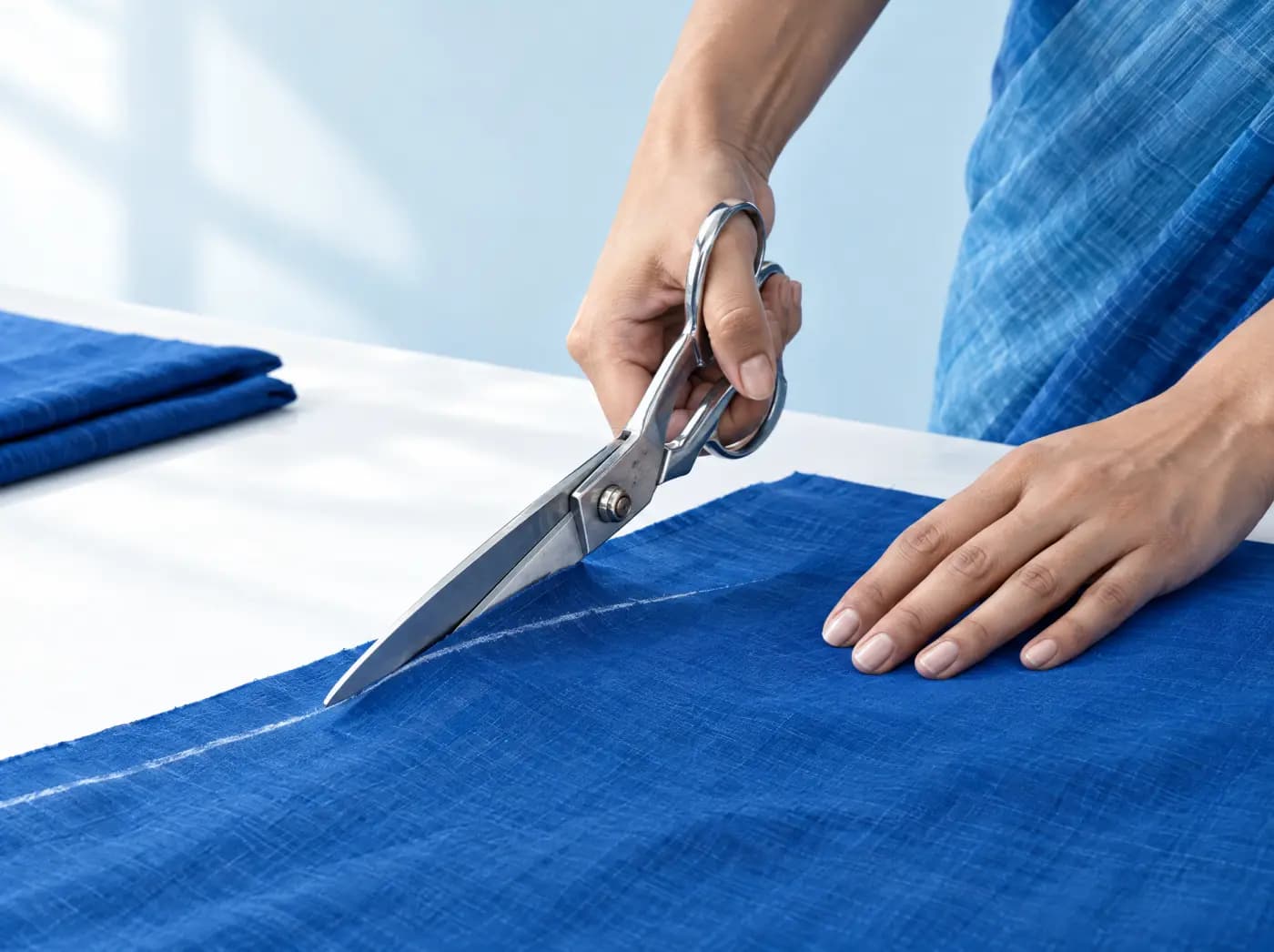 Shears cutting cobalt cotton on a white cutting table