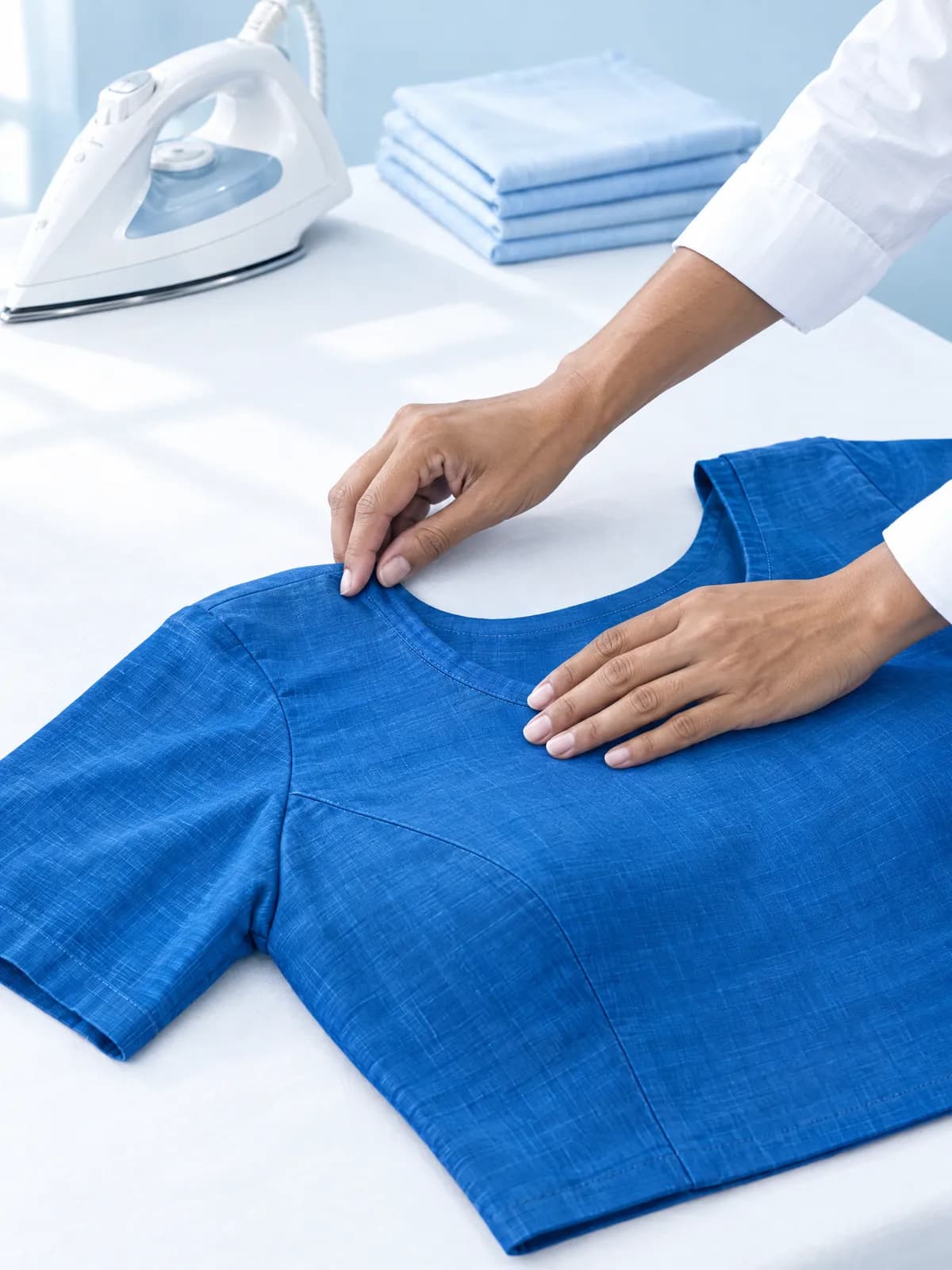 Hands smoothing the collar of a finished blouse