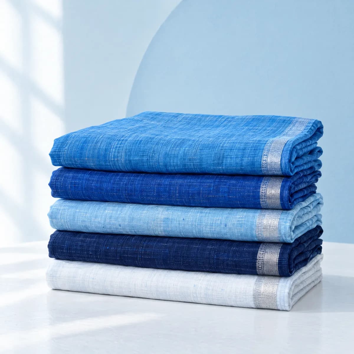 A stack of folded blue and white handloom sarees with silver borders