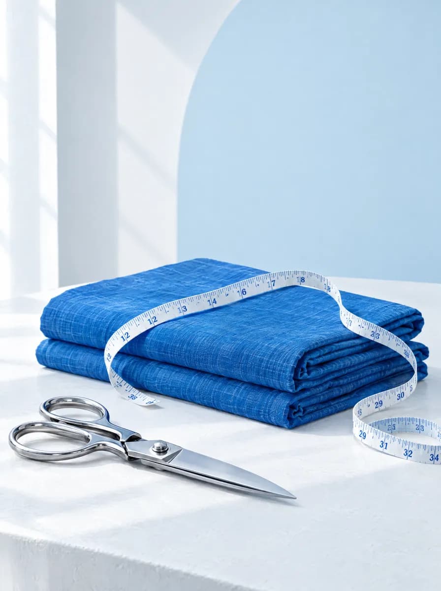 A measuring tape and tailoring shears on folded cerulean handloom cotton