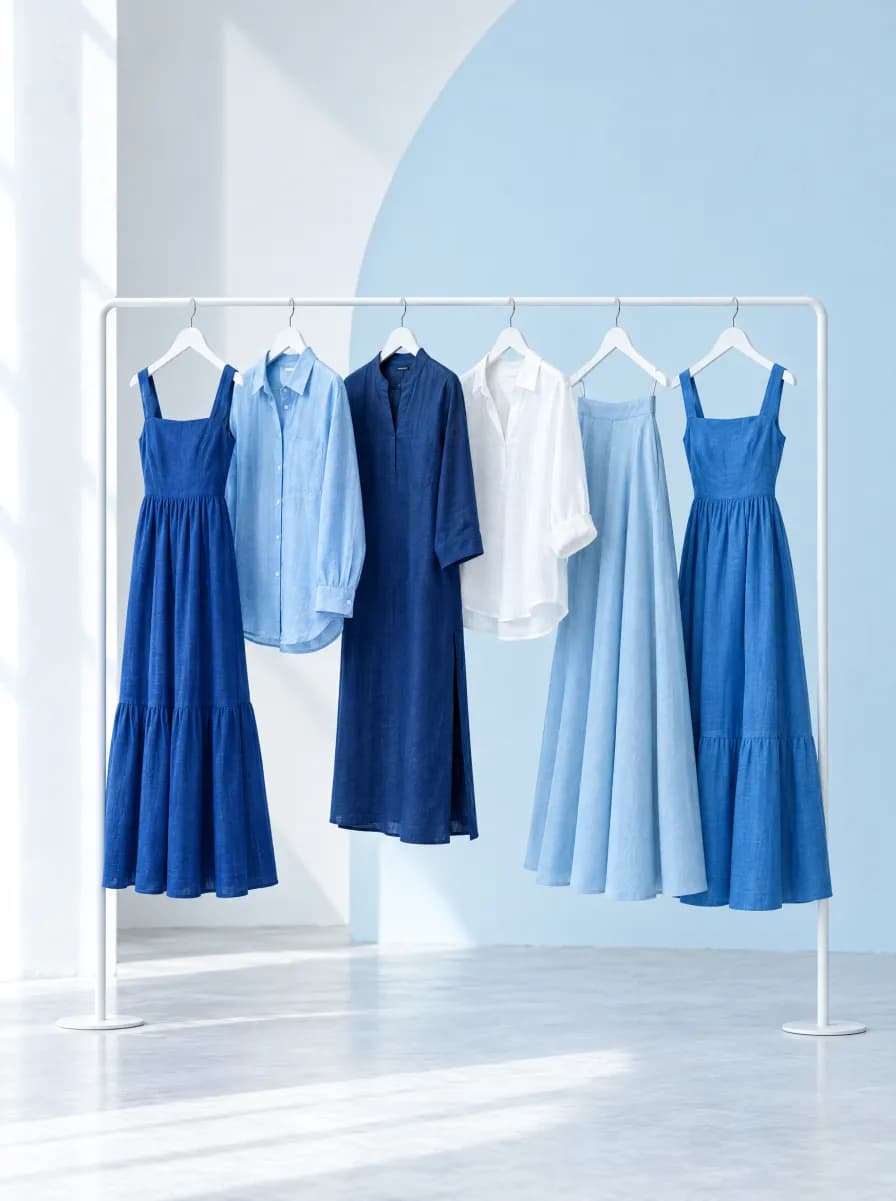 A rail of finished ready-made garments in shades of blue and white