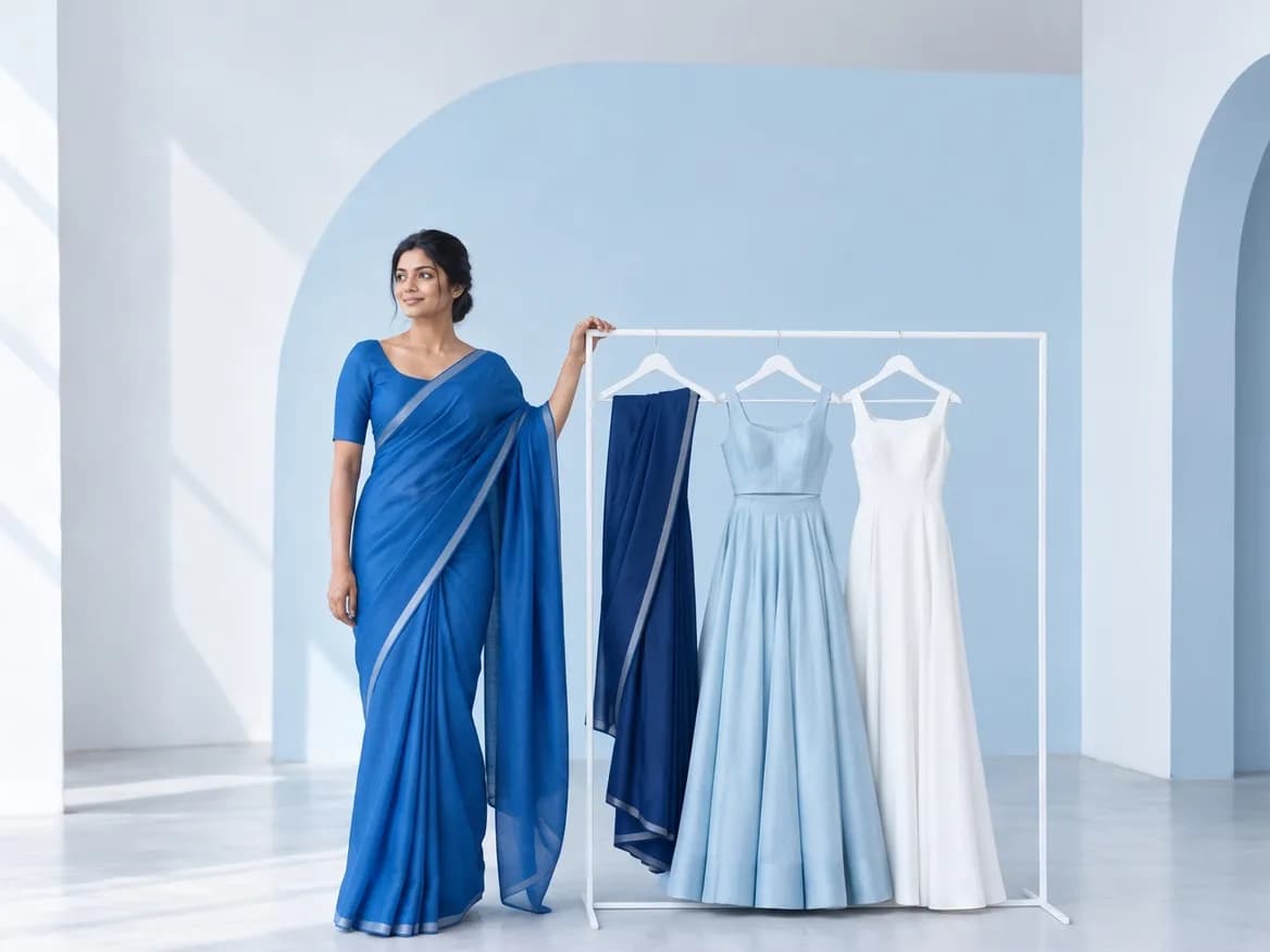 A woman in a cobalt saree beside a white rail of occasion wear in navy, ice blue and white
