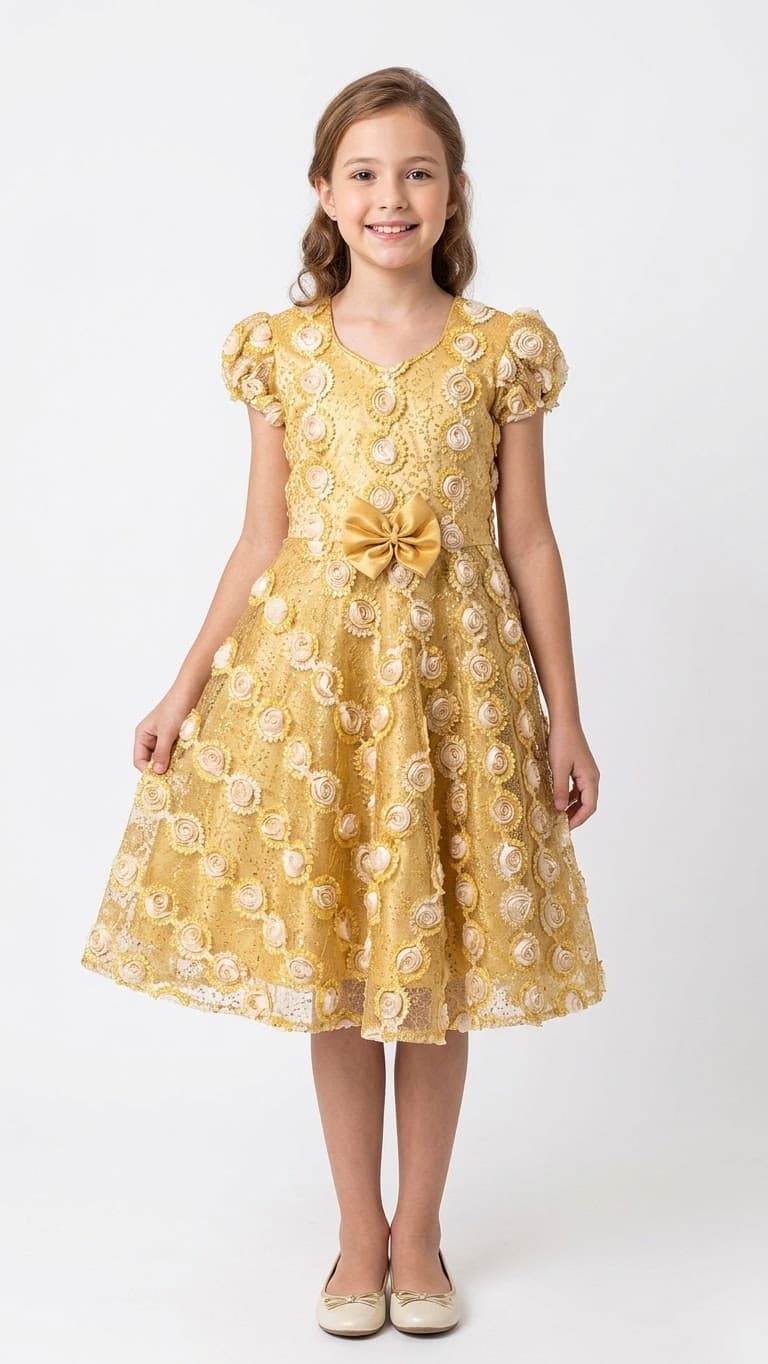 Front view of a girl wearing a knee-length gold party frock with 3D floral rosette embellishments, puff sleeves, and a bow at the waist