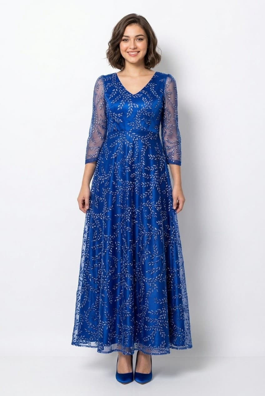 Front view of a woman wearing a royal blue floor-length dress with silver leaf embroidery, 3/4 lace sleeves,