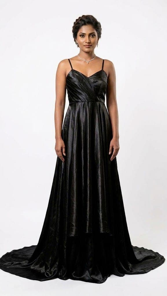 Front a view of a woman wearing a black satin evening gown featuring a pleated bust, spaghetti straps, lace-up back, and a trailing train.