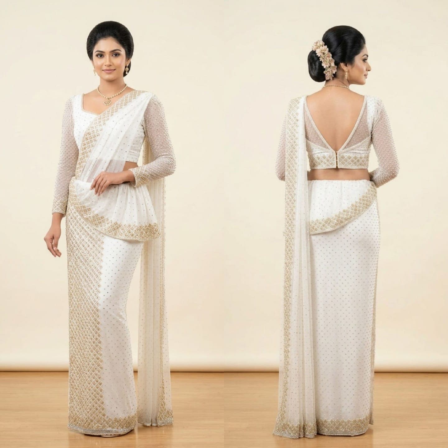 A stunning traditional Sri Lankan Kandyan saree (Osariya) crafted in elegant white and accented with intricate gold lattice beadwork and delicate pearl embellishments. The ensemble features sheer long sleeves, a contoured waist frill (neriya), and a gracefully draped pota, creating a timeless, sophisticated look ideal for modern bridal couture.